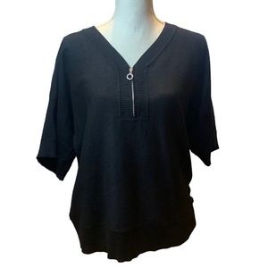Black Notations Short Sleeve Sweater with Zipper Detail